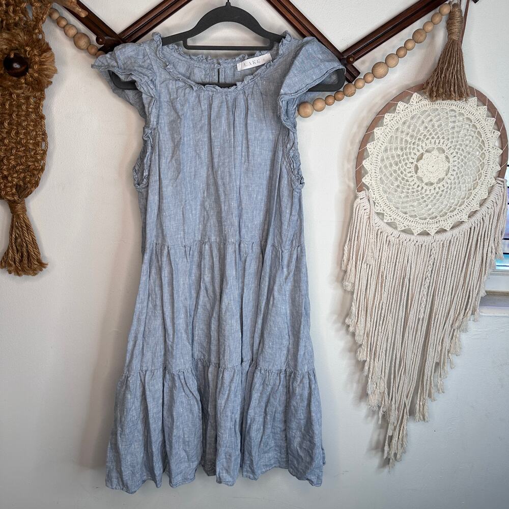 Lake Helen Light Blue Tiered Linen Flutter Sleeve Dress